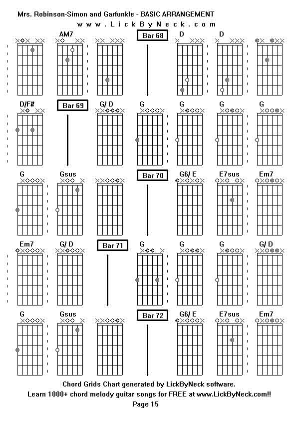 Chord Grids Chart of chord melody fingerstyle guitar song-Mrs Robinson-Simon and Garfunkle - BASIC ARRANGEMENT,generated by LickByNeck software.